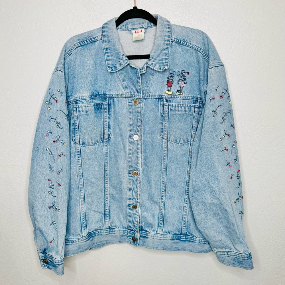 Vintage 90s Mickey & Minnie  Embroidered Floral Sleeve Denim Jacket Size XXL